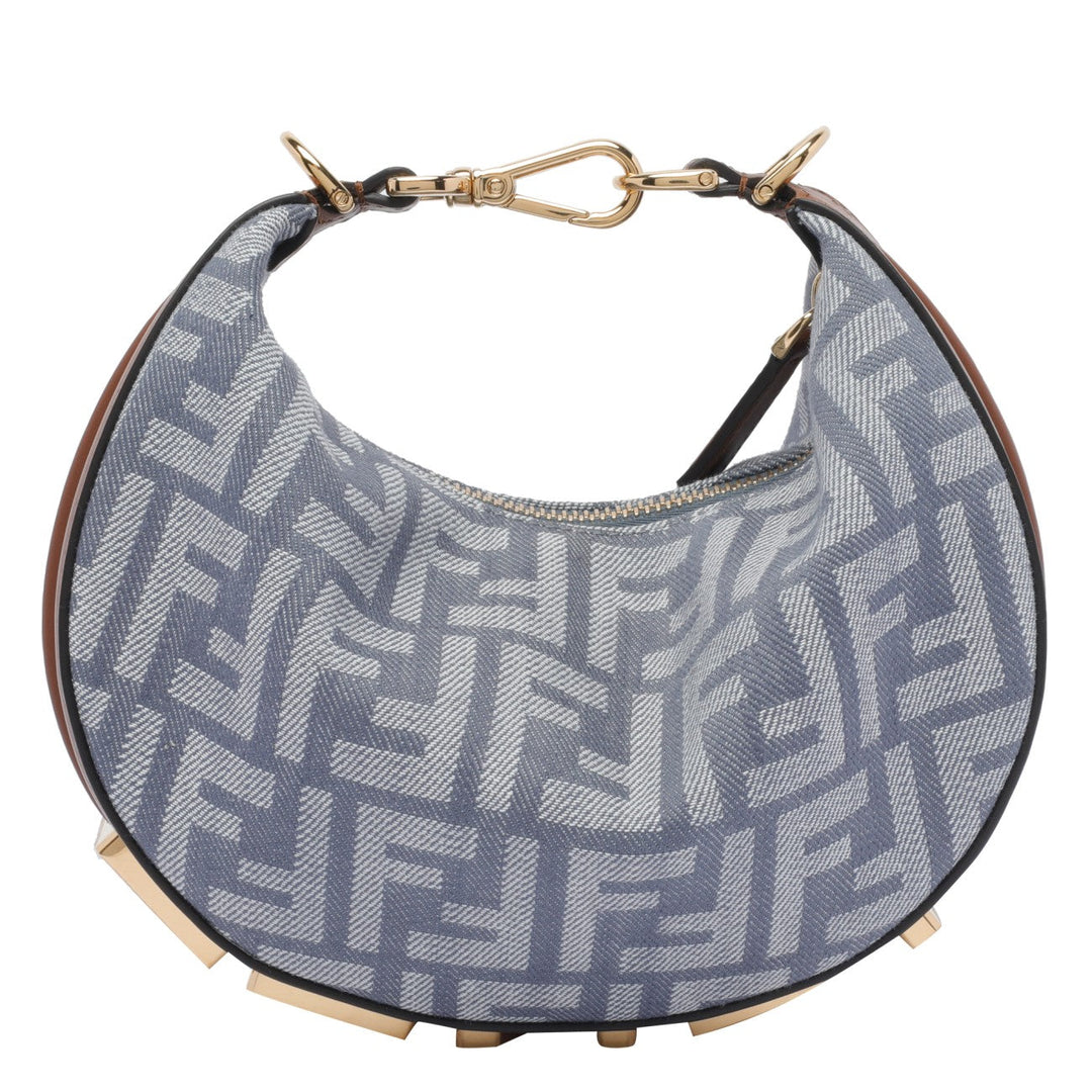 Designer handbag with brand logo pattern on a white background