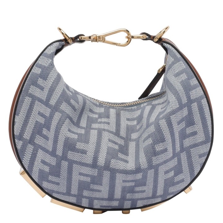 Designer handbag with brand logo pattern on a white background