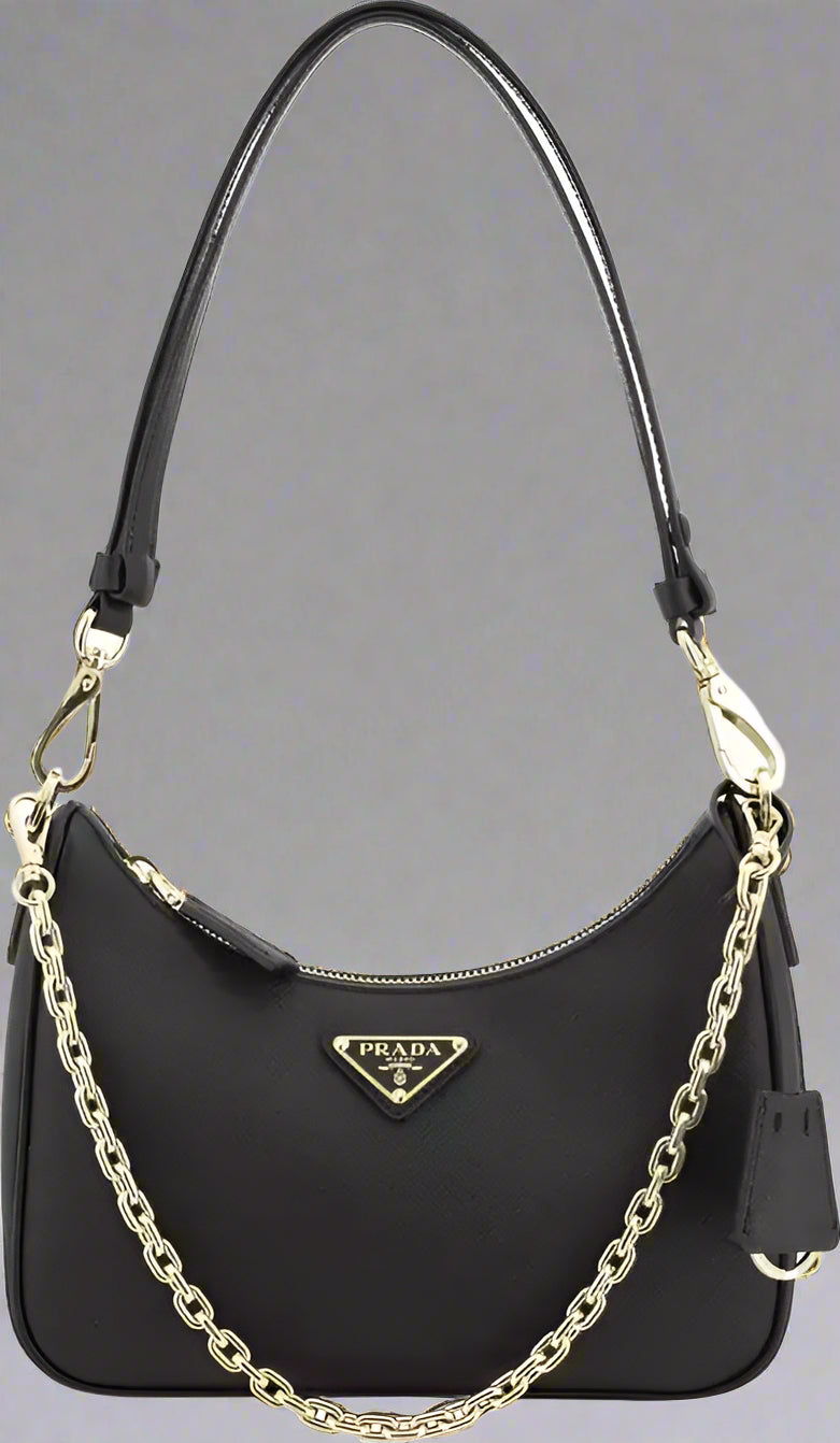 Black handbag with gold chain and Prada logo on a white background