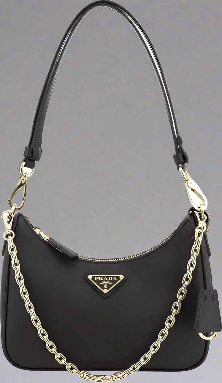 Black handbag with gold chain and Prada logo on a white background