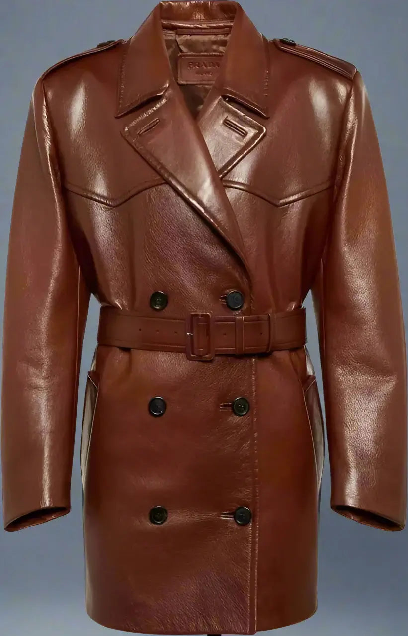 PRADA women's brown Leather double breasted Coat