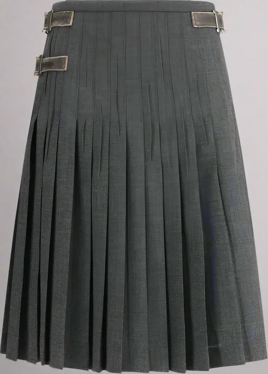 Gray pleated skirt with metal buckles on a white background