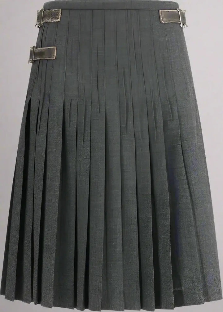 Gray pleated skirt with metal buckles on a white background