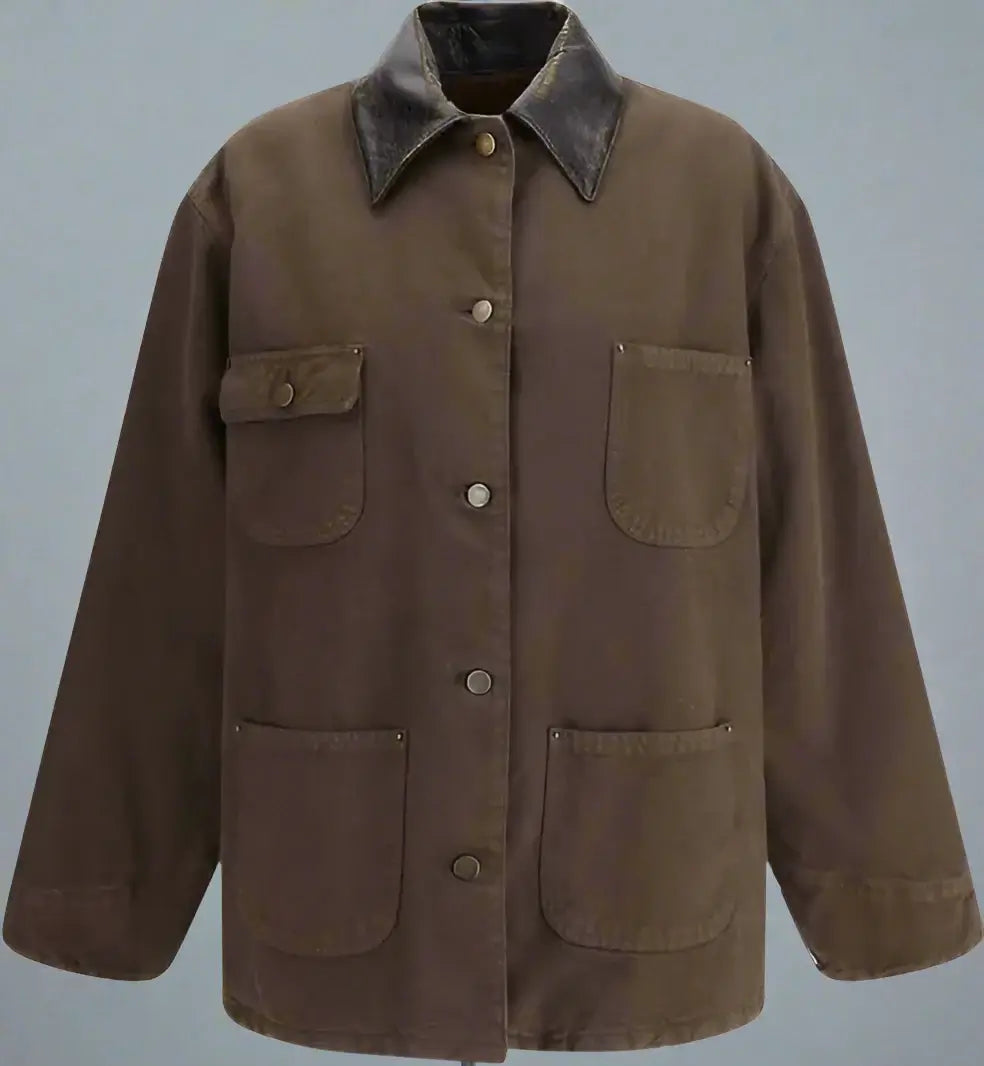 Brown jacket with button details on a white background