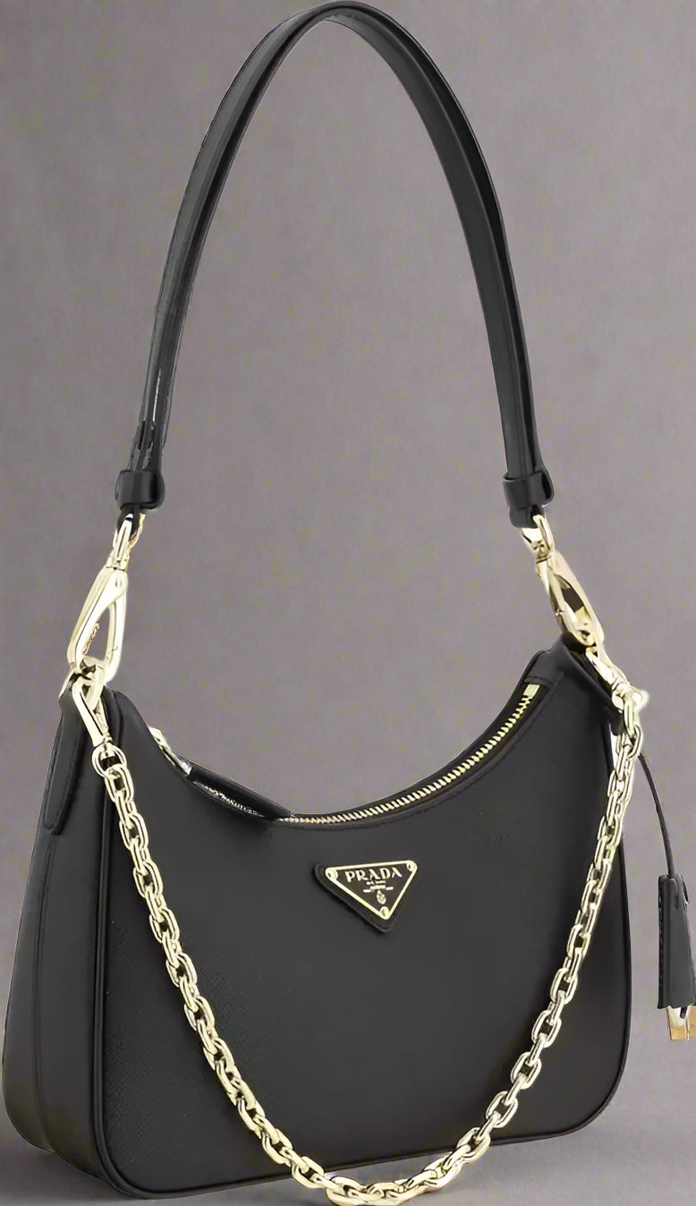 Black handbag with gold chain and Prada logo on a white background