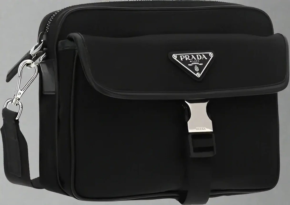 Black Prada bag with silver hardware on a white background