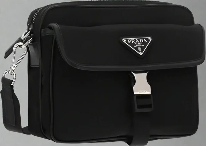 Black Prada bag with silver hardware on a white background