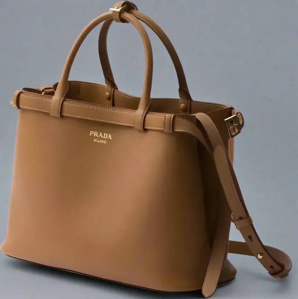 Brown Prada handbag on a white background