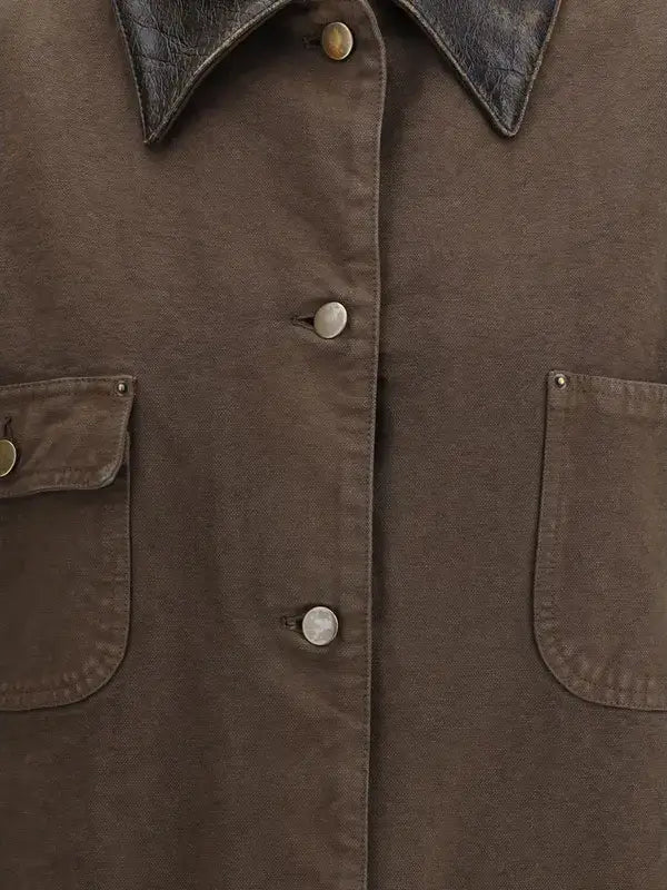 Brown jacket with button details and leather collar