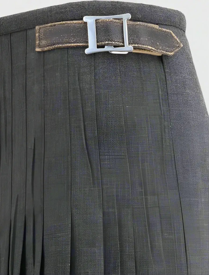 Gray pleated skirt with a belt and buckle on a white background