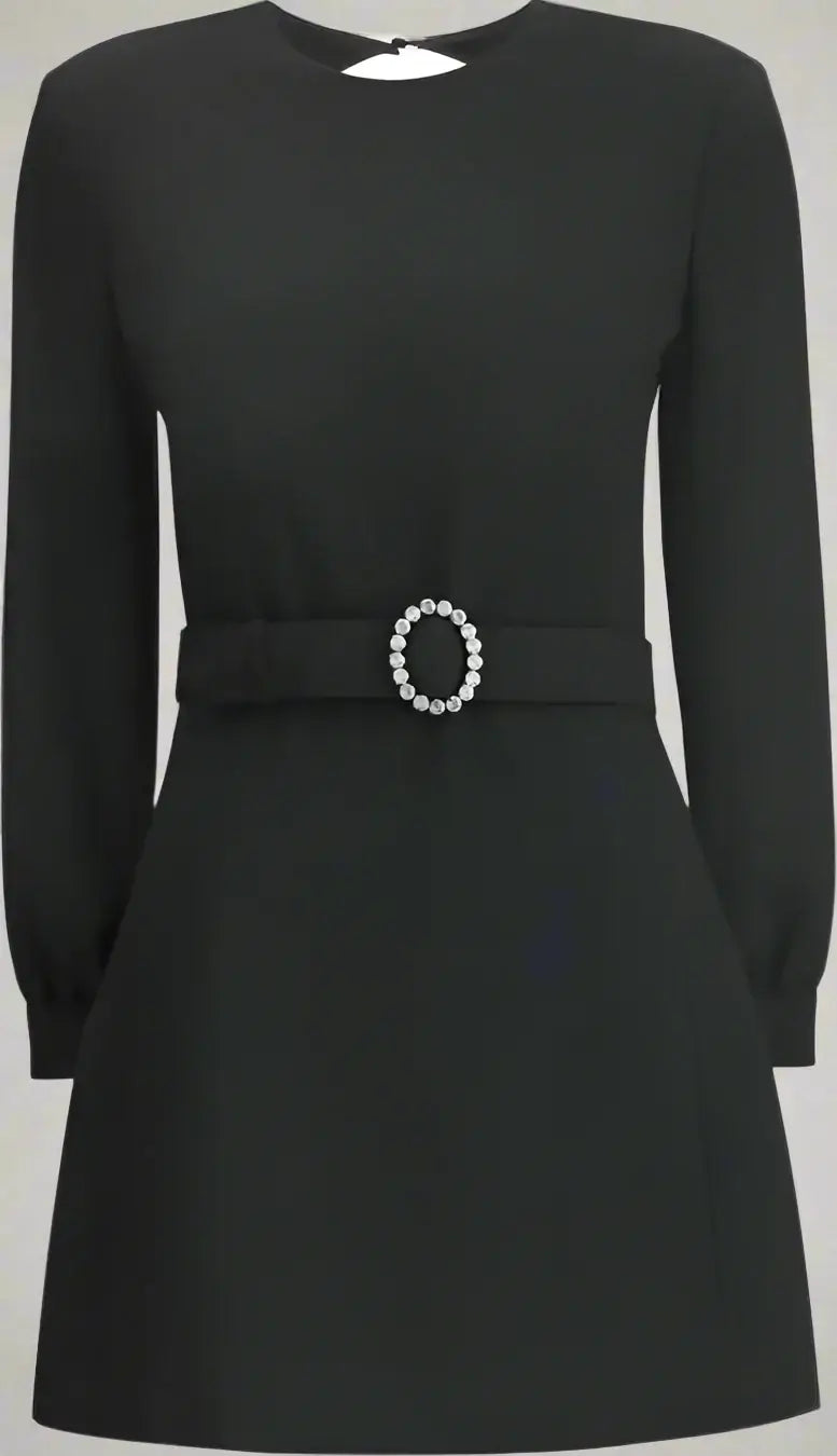 Black dress with a belt featuring a decorative buckle on a white background