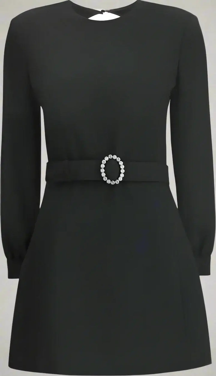 Black dress with a belt featuring a decorative buckle on a white background