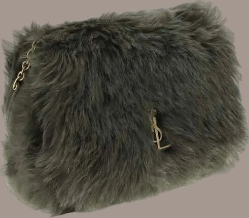 Gray fluffy clutch bag with a brand logo on a white background