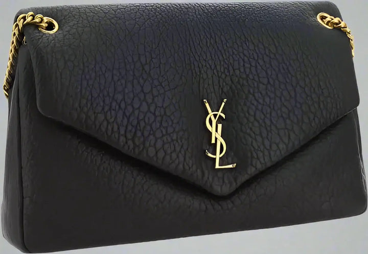 Black leather handbag with gold chain and YSL logo