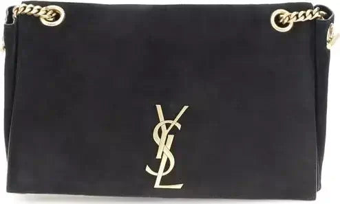Black handbag with gold chain strap and logo on a white background