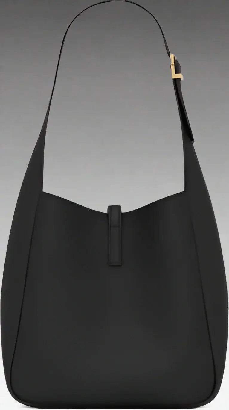 Black shoulder bag with a strap on a white background