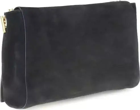 Black clutch bag with gold zipper on a white background