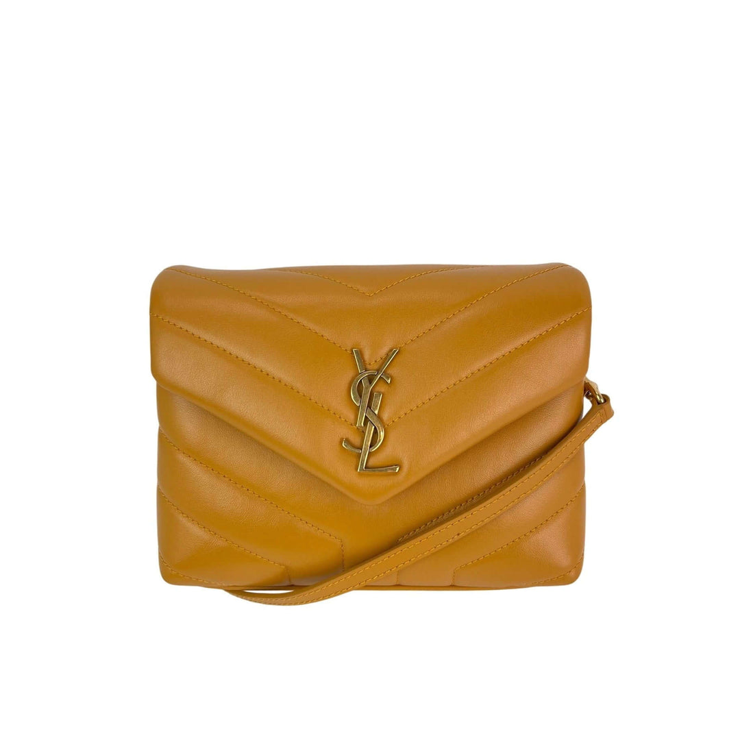 Saint Laurent Calfskin Quilted Toy Loulou Yellow Crossbody Bag, luxury bags in mustard yellow color with a YSL logo.