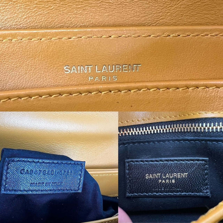 Saint Laurent Calfskin Quilted Toy Loulou Yellow Crossbody Bag interior labels and stitching, luxury bags