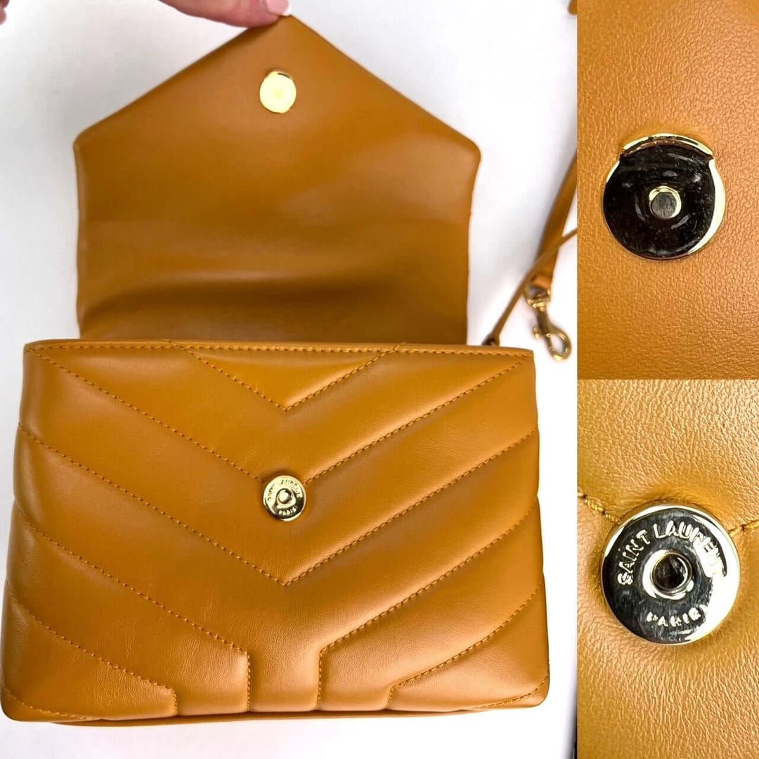 Saint Laurent Calfskin Quilted Toy Loulou Yellow Crossbody Bag in mustard yellow with magnetic closure and antique golden hardware.