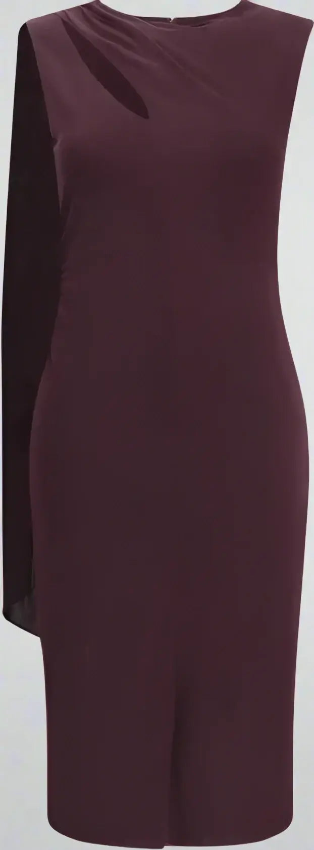 Dark purple dress with a cutout design on a plain background