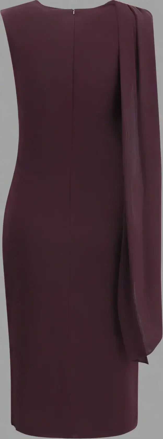 Burgundy dress with a draped detail on a plain background