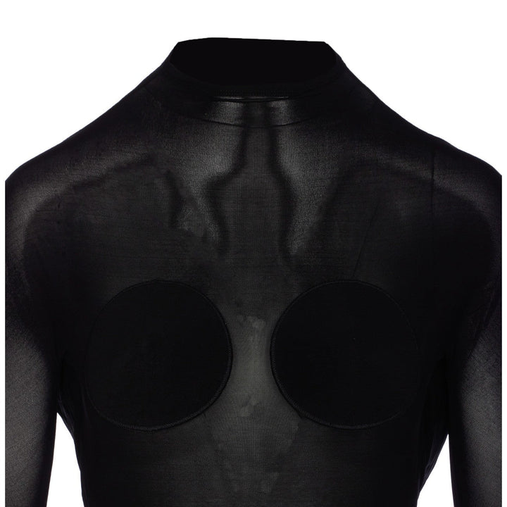 Black leather garment with circular cutouts on a white background