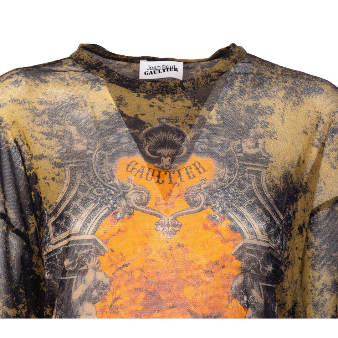 Distressed graphic t-shirt with 'Gaultier' branding on a white background