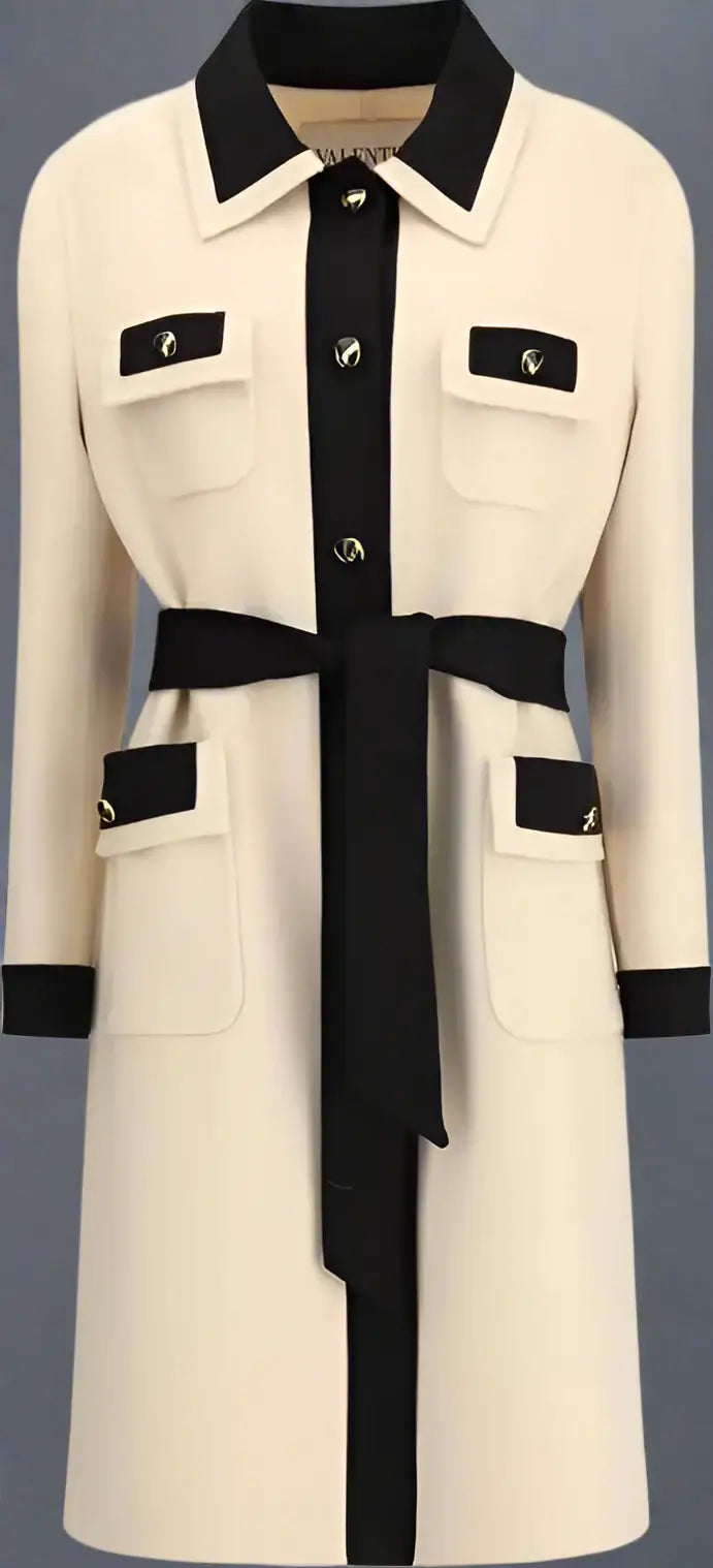 Beige coat with black accents on a white background