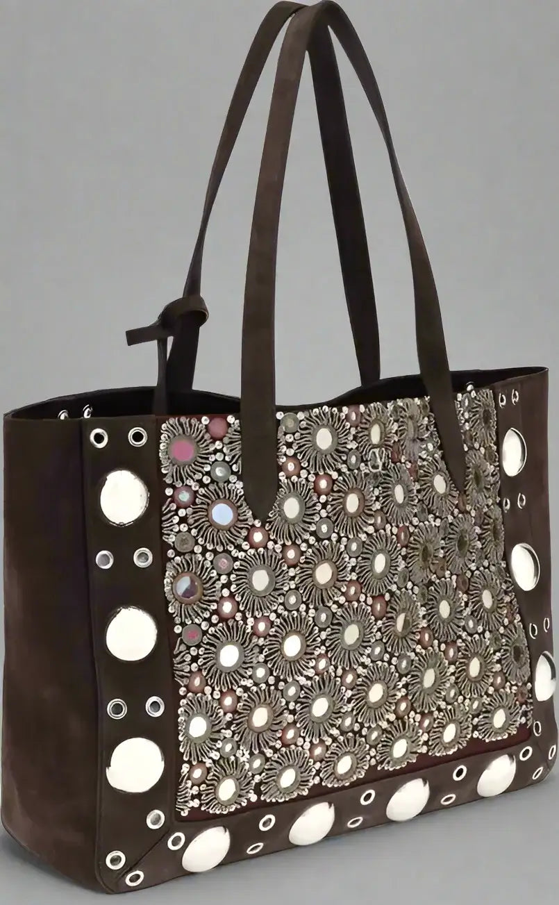 Brown tote bag with decorative pattern on a white background