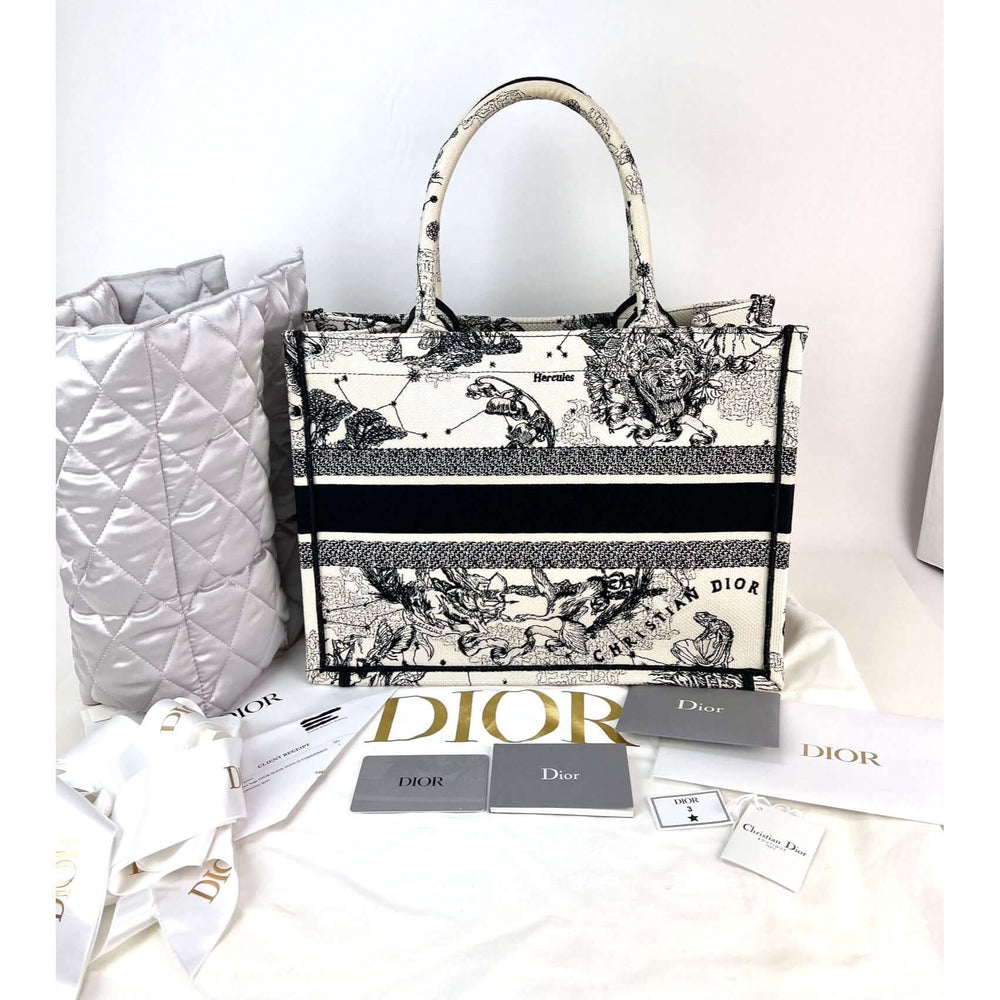 Christian Dior Book Embroidered Canvas Medium Stars and Signs Black Tote with accessories and box.