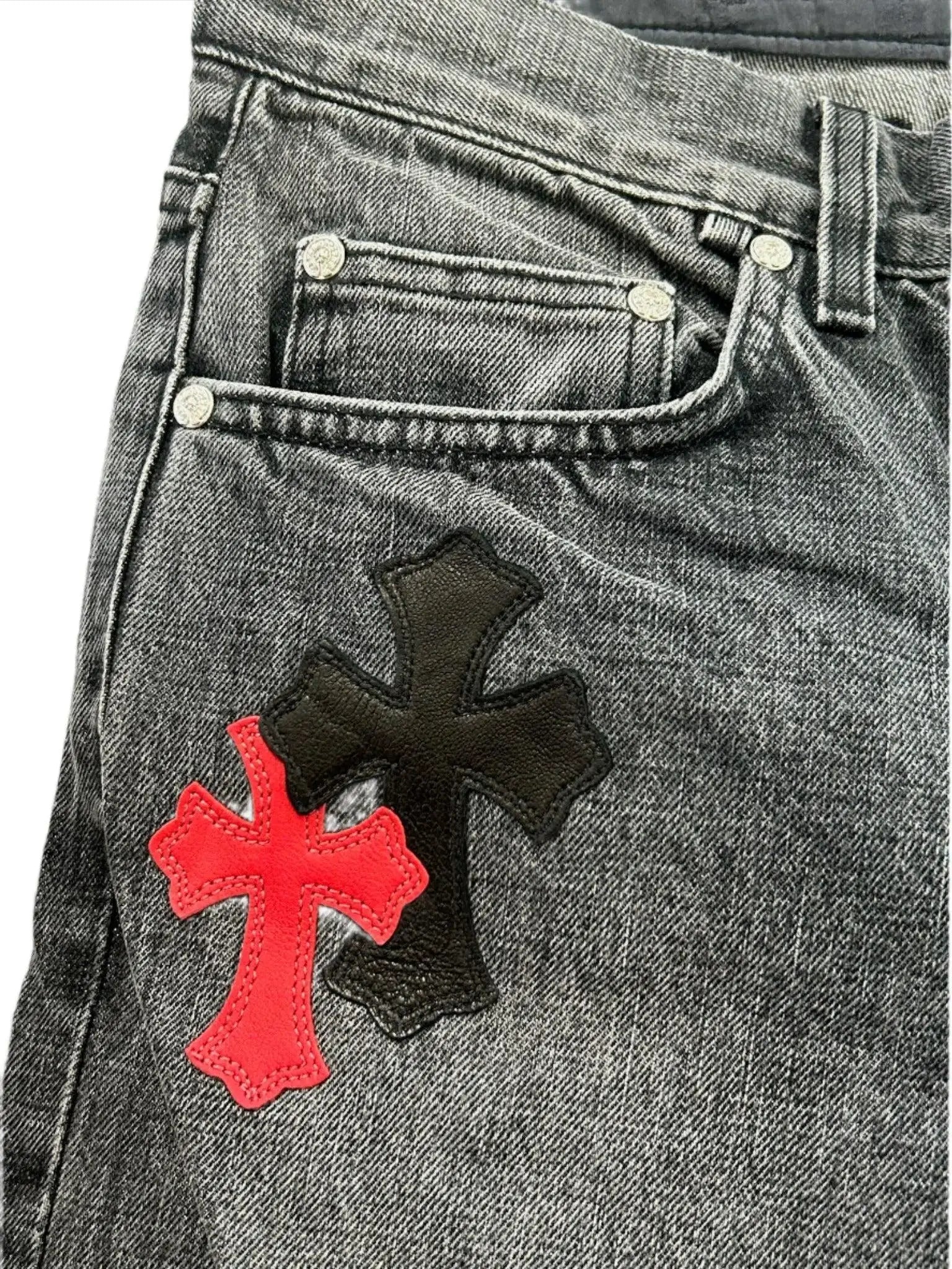 Chrome Hearts jeans pic with leather crosses
