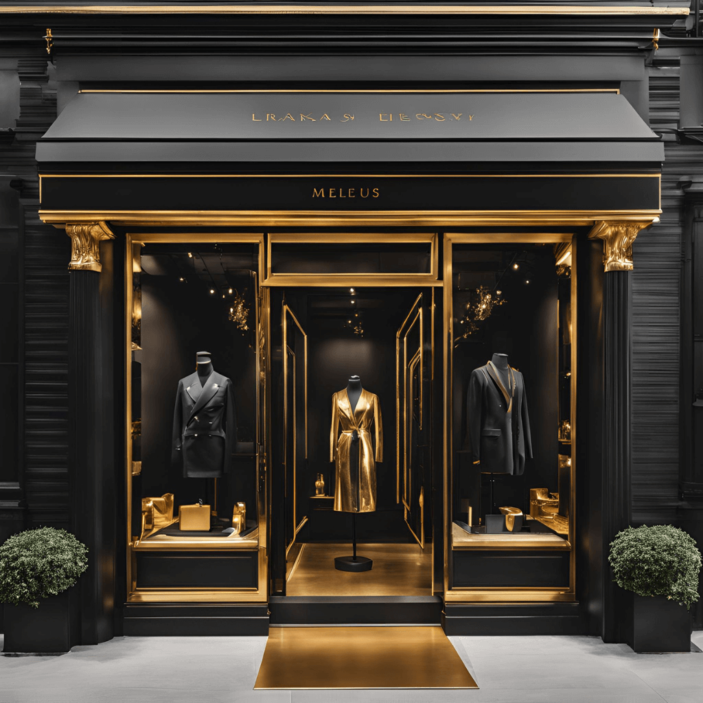 Elegant entrance to luxury store MELEUS showcasing high-end fashion and accessories in a sophisticated display.