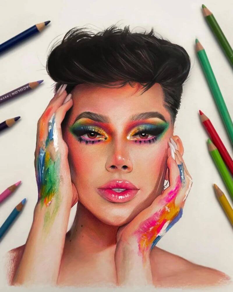 Colorful sketch of woman with markers flanked on the sides
