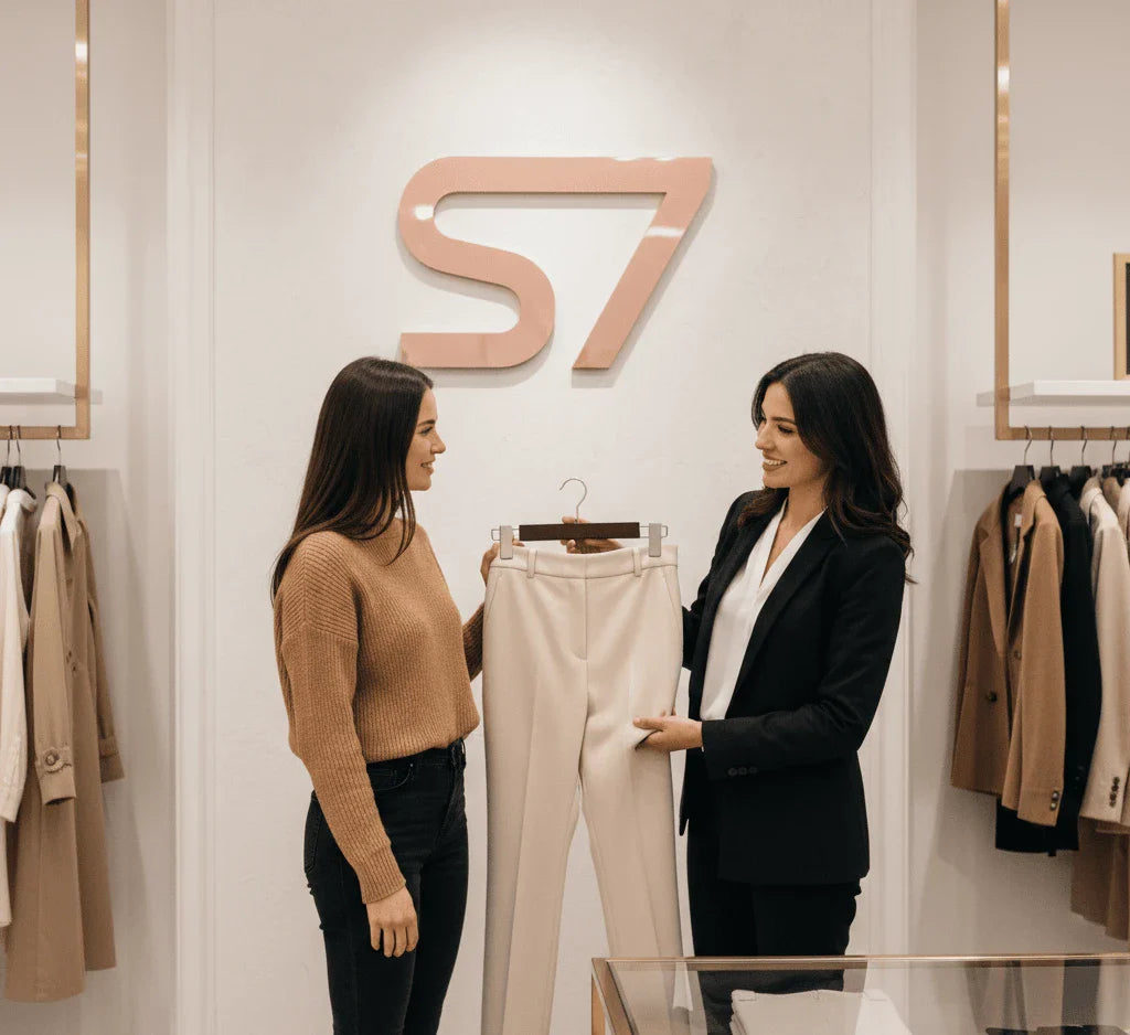Assistant helping woman with trousers at S7