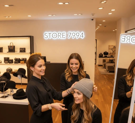 Assistant helping with a beanie