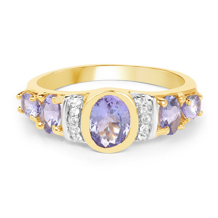 14K Yellow Gold Plated 1.64 Carat Genuine Tanzanite &amp; White Topaz .925 Sterling Silver Ring