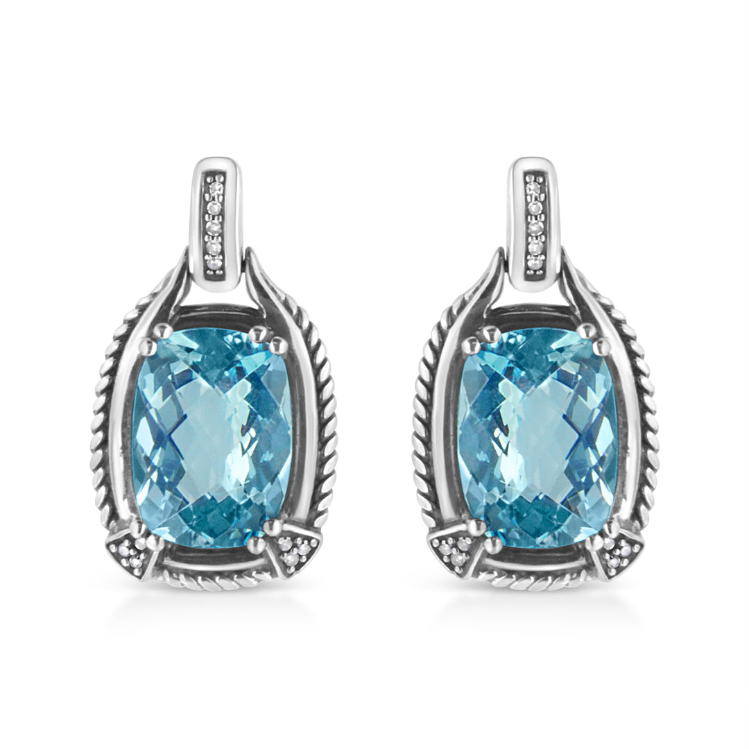 .925 Sterling Silver 14x10MM Cushion Cut Blue Topaz Gemstone and Diamond Accent Dangle Earring (I-J Color, I1-I2 Clarity)