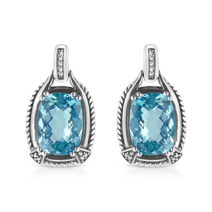 .925 Sterling Silver 14x10MM Cushion Cut Blue Topaz Gemstone and Diamond Accent Dangle Earring (I-J Color, I1-I2 Clarity)