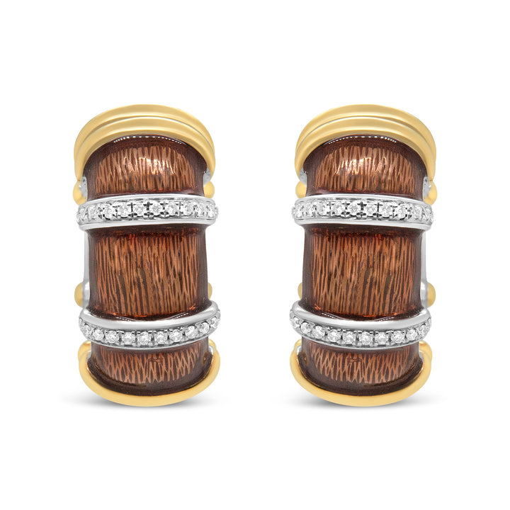 18K Yellow and White Gold Flash Plated .925 Sterling Silver Clear Brown Enamel 9/10 Cttw Round Diamonds Huggie Hoop Earrings (F-G Color, VS1-VS2 Clarity)