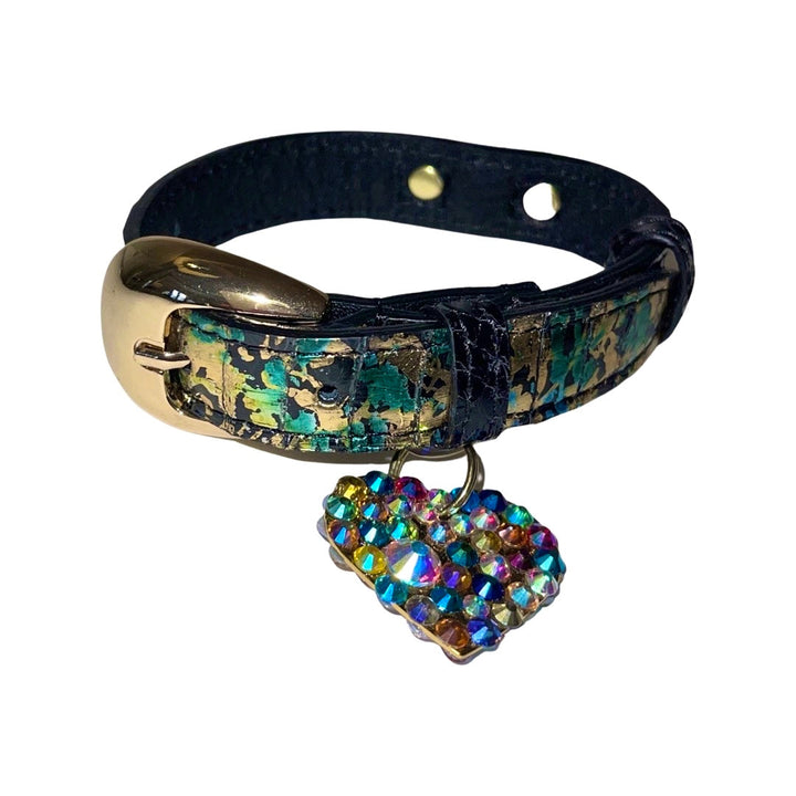 XS/S 7”-14” Multi-Color Art Deco Custom Snake Collar/Custom Gold Oval Italian Hardware &amp; Swarovski Crystal Heart Charm