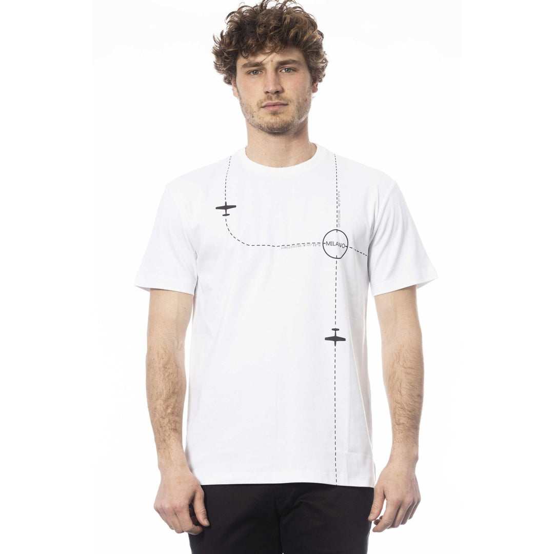 A man wearing a white Trussardi t-shirt with a geometric pattern on the front.