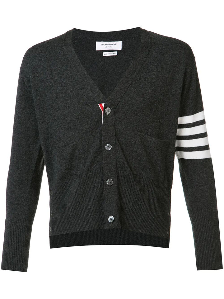 Thom Browne Men Classic Short V Neck Cardigan With White 4 Bar Stripe In Cashmere