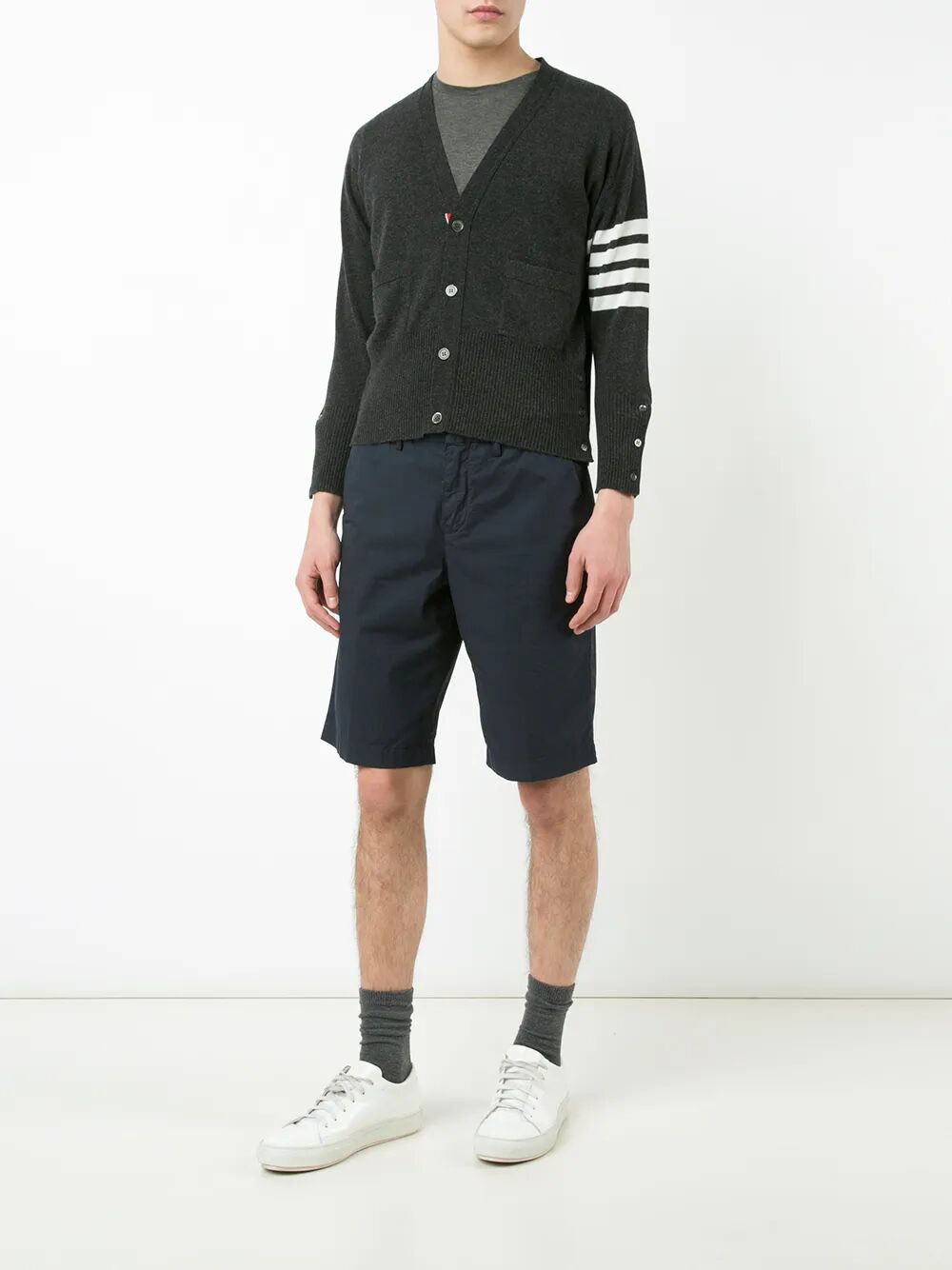 Thom Browne Men Classic Short V Neck Cardigan With White 4 Bar Stripe In Cashmere