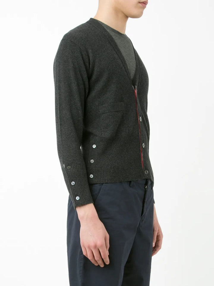 Thom Browne Men Classic Short V Neck Cardigan With White 4 Bar Stripe In Cashmere