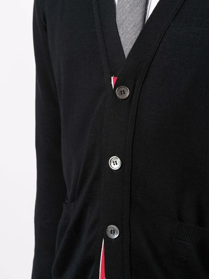 Thom Browne Men Classic V-Neck Cardigan In Fine Merino Wool With 4Bar Stripes