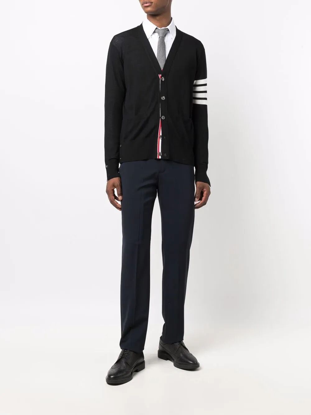 Thom Browne Men Classic V-Neck Cardigan In Fine Merino Wool With 4Bar Stripes