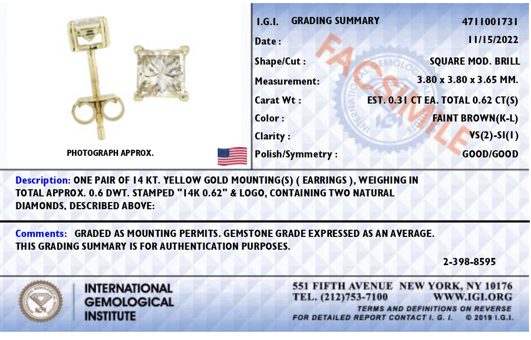 14K Yellow Gold 5/8 Cttw Princess Natural Brown Color Diamond 4-Prong Stud Earrings (Brown Color, VS2-SI1 Clarity)