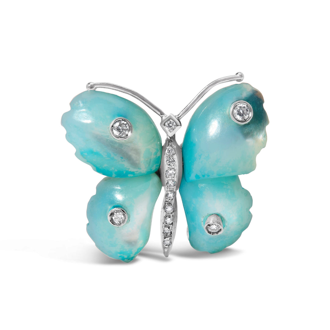 18K White Gold Blue Mother of Pearl and Diamond Accent Butterfly Pin Brooch (F-G Color, VS1-VS2 Clarity)