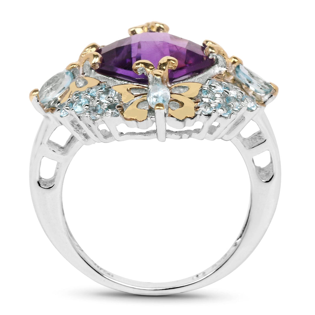 Two Tone Plated 4.45 Carat Genuine Amethyst &amp; Blue Topaz .925 Sterling Silver Ring